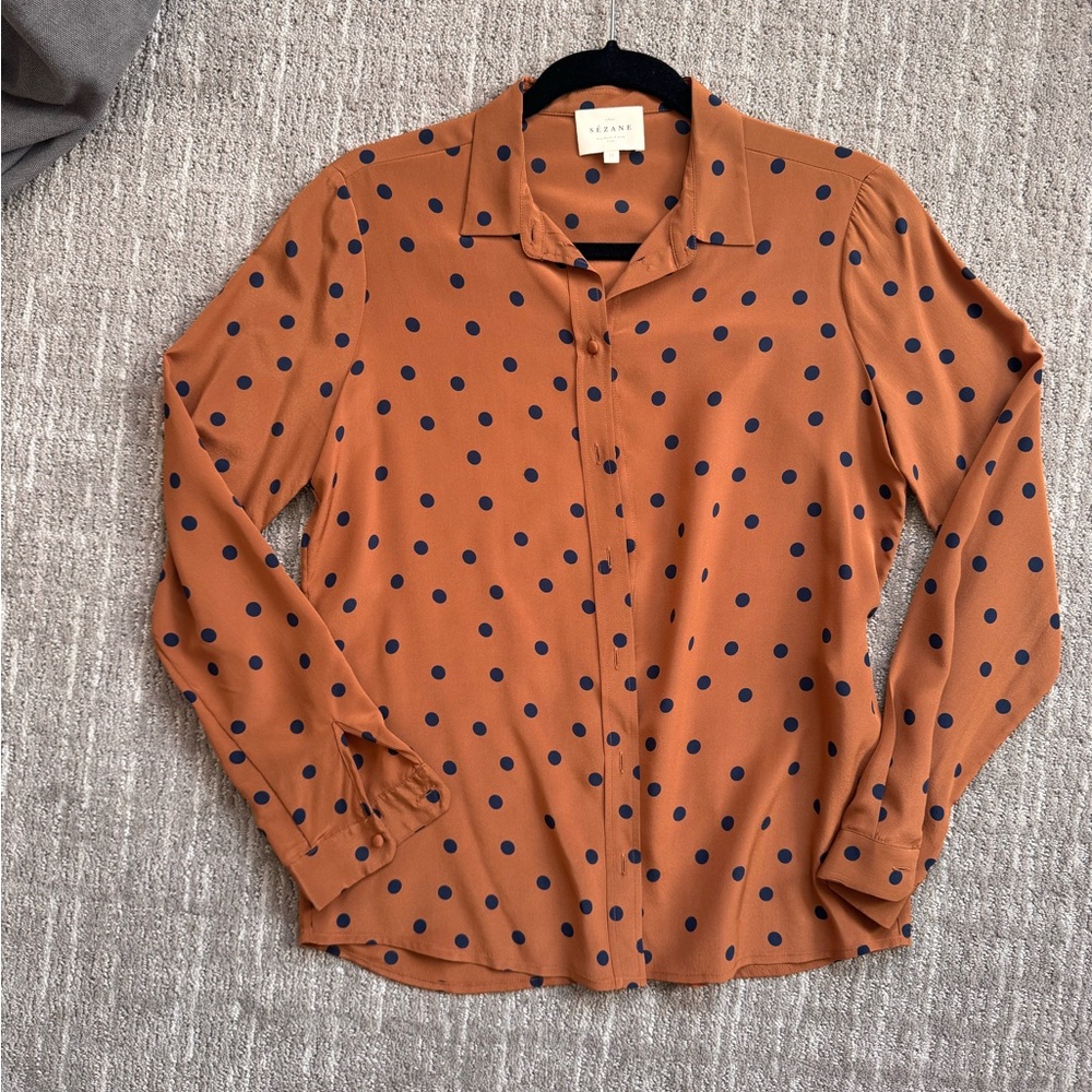 Sezane Brown Button Down Shirt with Blue Dots